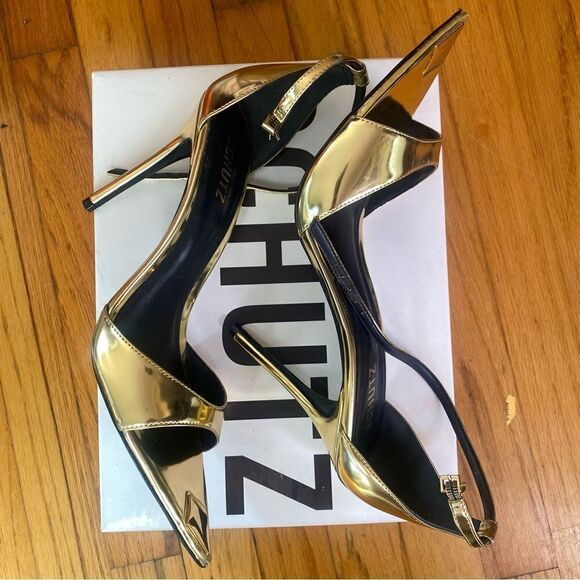 Schutz Pamela Heels Gold Ouro Claro shoes stilettos party Revolve NEW Sz 10 - Picture 10 of 13